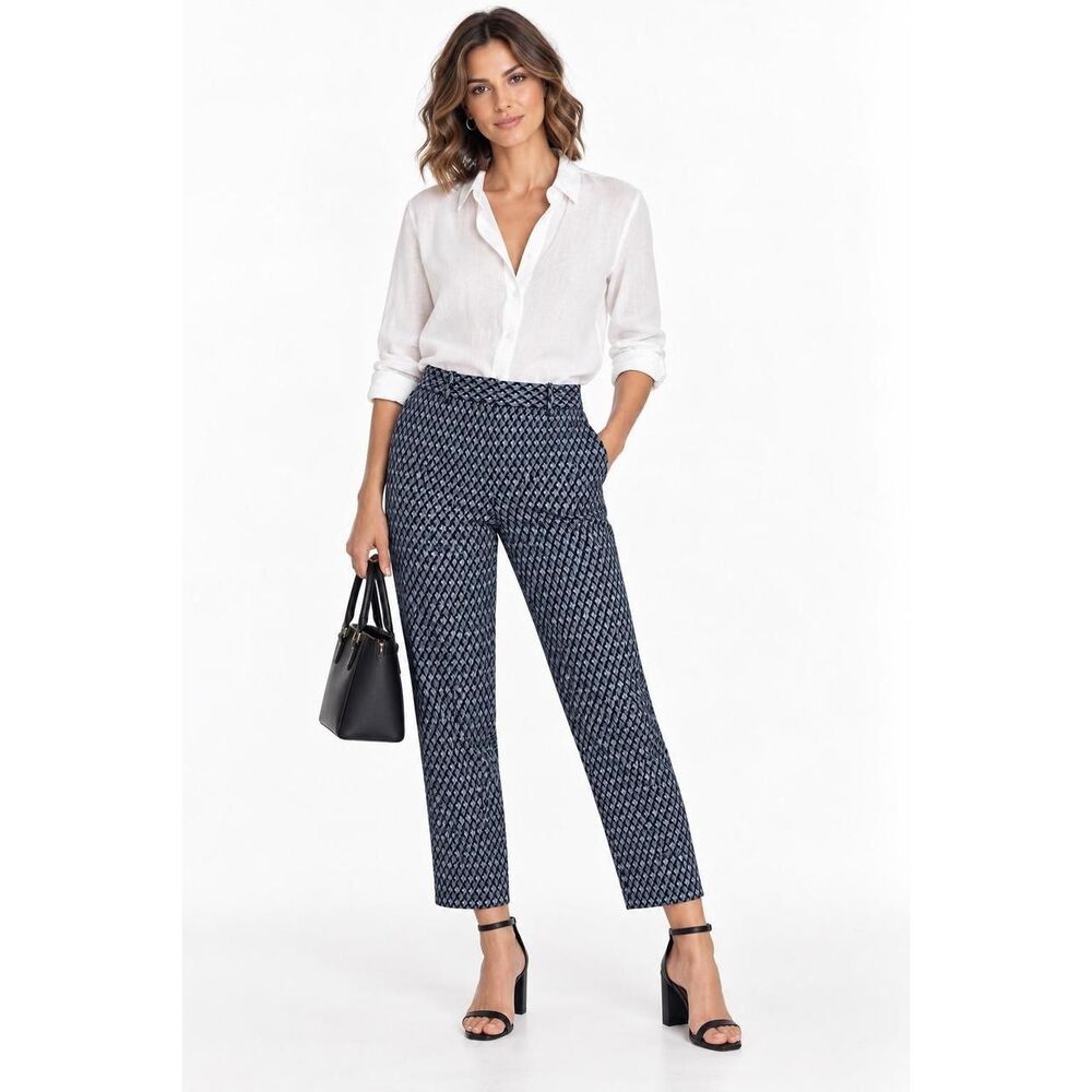 Theory Treeca 2 Pants Dimensional Jacquard Navy Blue Geometric Slim Trousers 4
